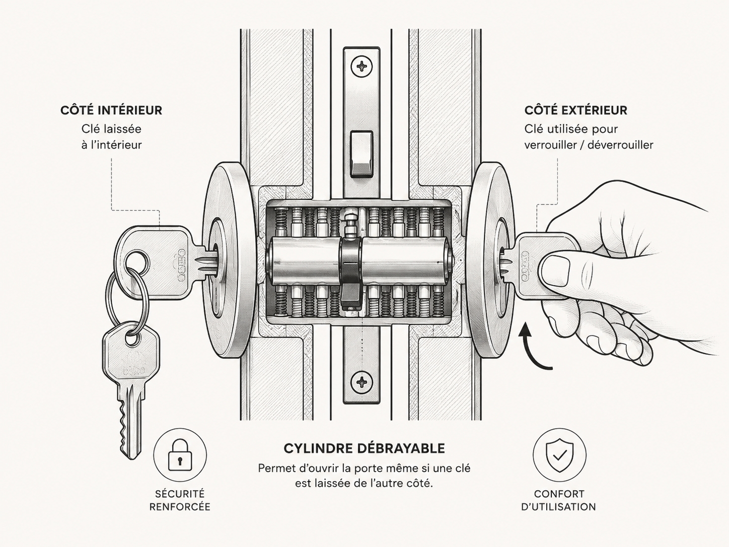 Schéma d’un cylindre débrayable : côté intérieur et côté extérieur